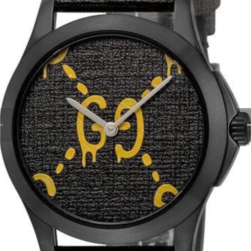 Gucci G Timeless Ghost Black Dial Black Leather Strap Watch For Men - YA1264019